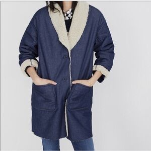 Madewell Sherpa Bonded Denim Cocoon Coat Jacket L Cozy Cabin